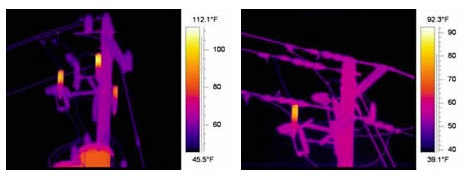 Thermogram shows three defective arrestors - Thermogram shows single defective arrestor ~ Images courtesy Stockton Infrared Thermographic Services
