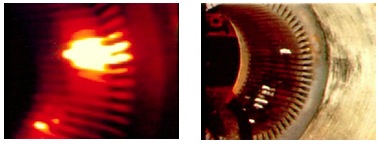 Thermogram shows hot spots (white) in motor stator due to shorted laminations.