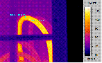 Parallel feed cables on an 800amp 3-phase breaker showing one cable 25 F degrees warmer than its pair.